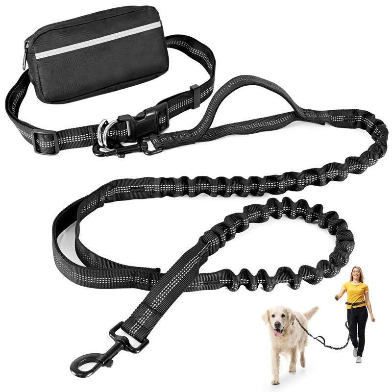 Petstars Hands Free Dog Leash with Zipper Pouch, Dual Padded Handles and Duarable Bungee Adjustable Waist Belt (27" - 49") up to 120 Lbs, Suit for Medium to Large Dogs Walking, Jogging and Running