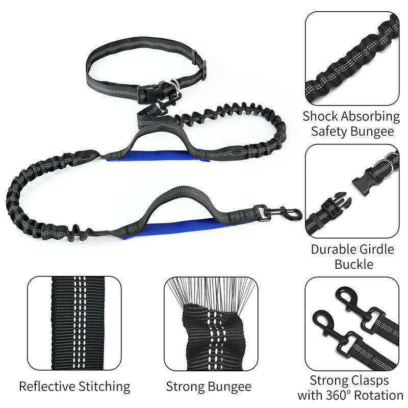 Petstars Hands Free Dog Leash with Zipper Pouch, Dual Padded Handles and Duarable Bungee Adjustable Waist Belt (27" - 49") up to 120 Lbs, Suit for Medium to Large Dogs Walking, Jogging and Running