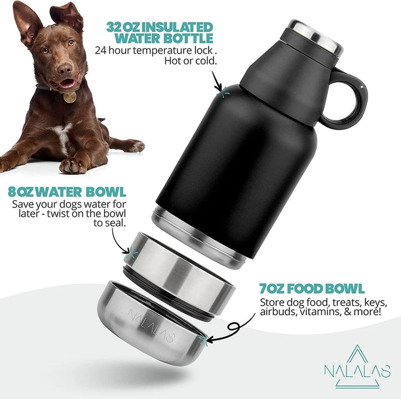 NALALAS 3-In-1 Insulated Dog Water Bottle with Food Bowl- Large 32Oz