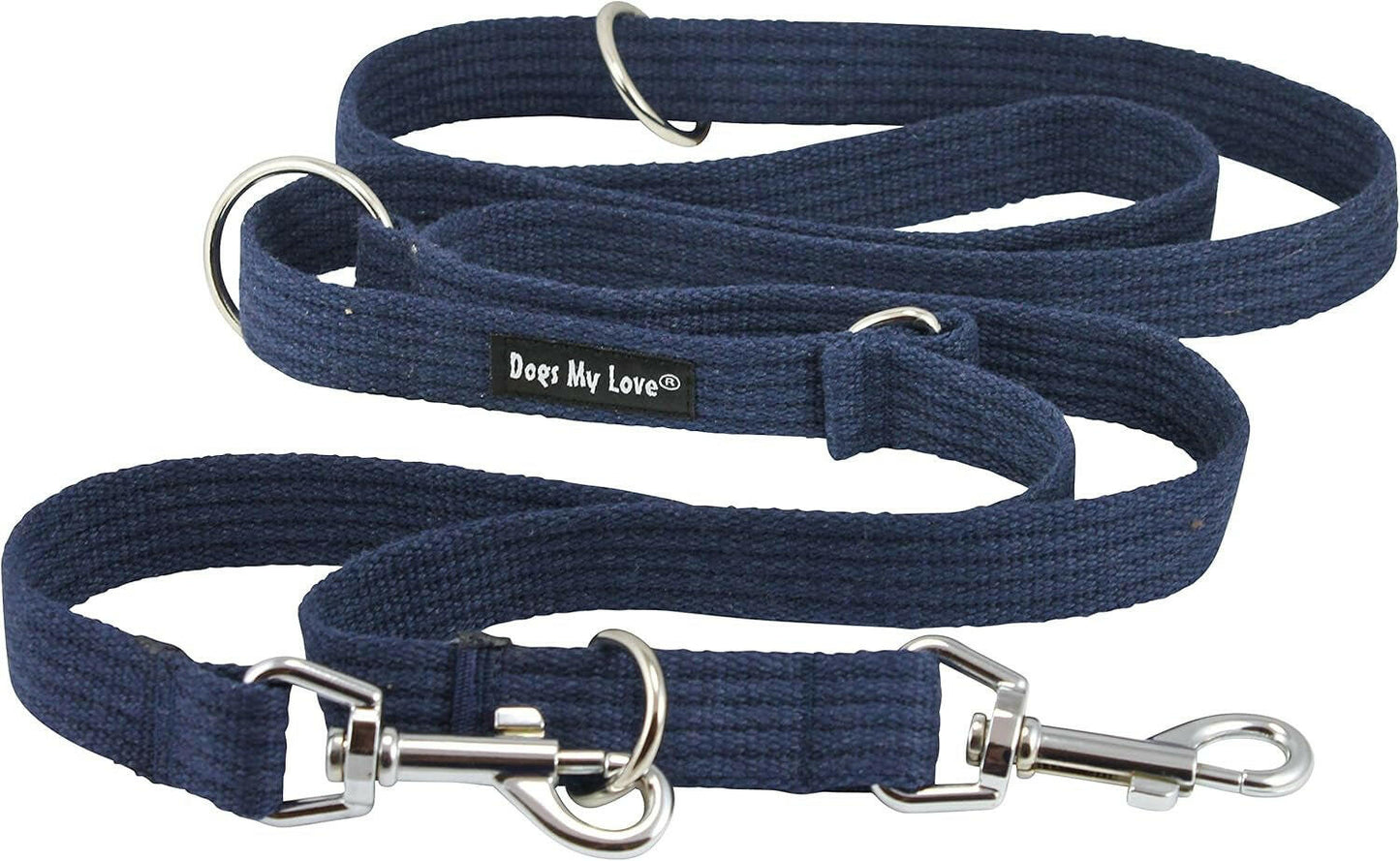 1" Wide Cotton Web 6-Way European Multi-Functional Dog Leash, Adjustable Lead 45"-78" Long, Large (Blue)