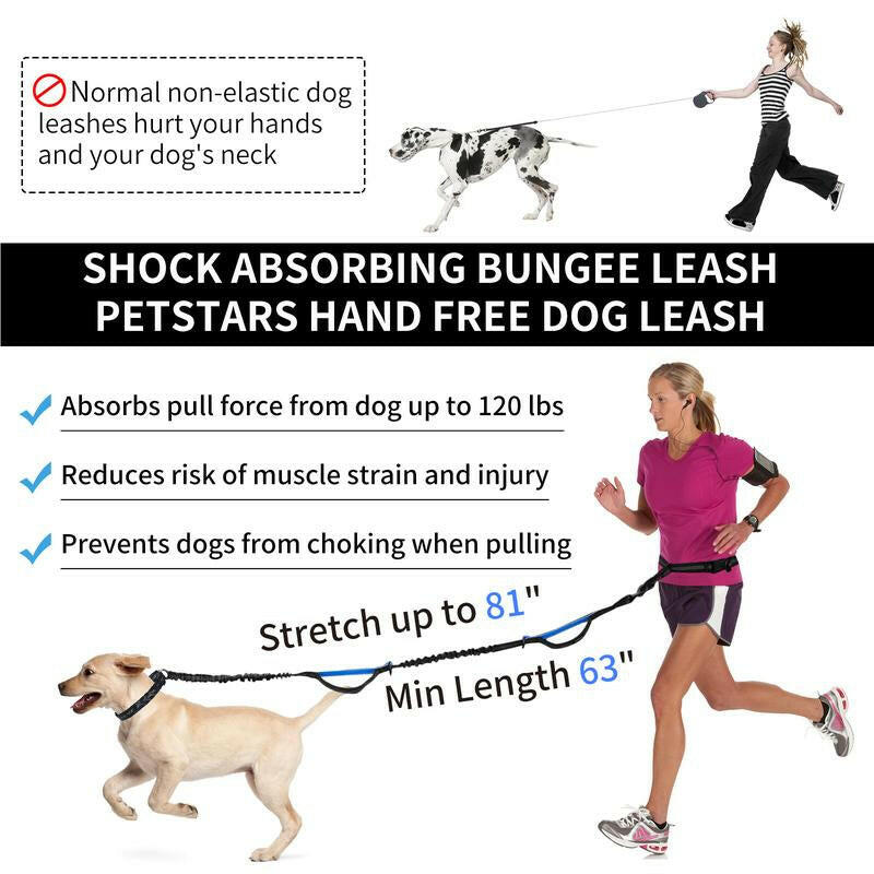 Petstars Hands Free Dog Leash with Zipper Pouch, Dual Padded Handles and Duarable Bungee Adjustable Waist Belt (27" - 49") up to 120 Lbs, Suit for Medium to Large Dogs Walking, Jogging and Running