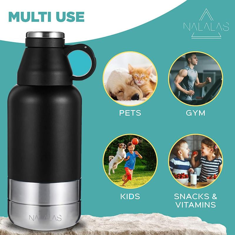 NALALAS 3-In-1 Insulated Dog Water Bottle with Food Bowl- Large 32Oz