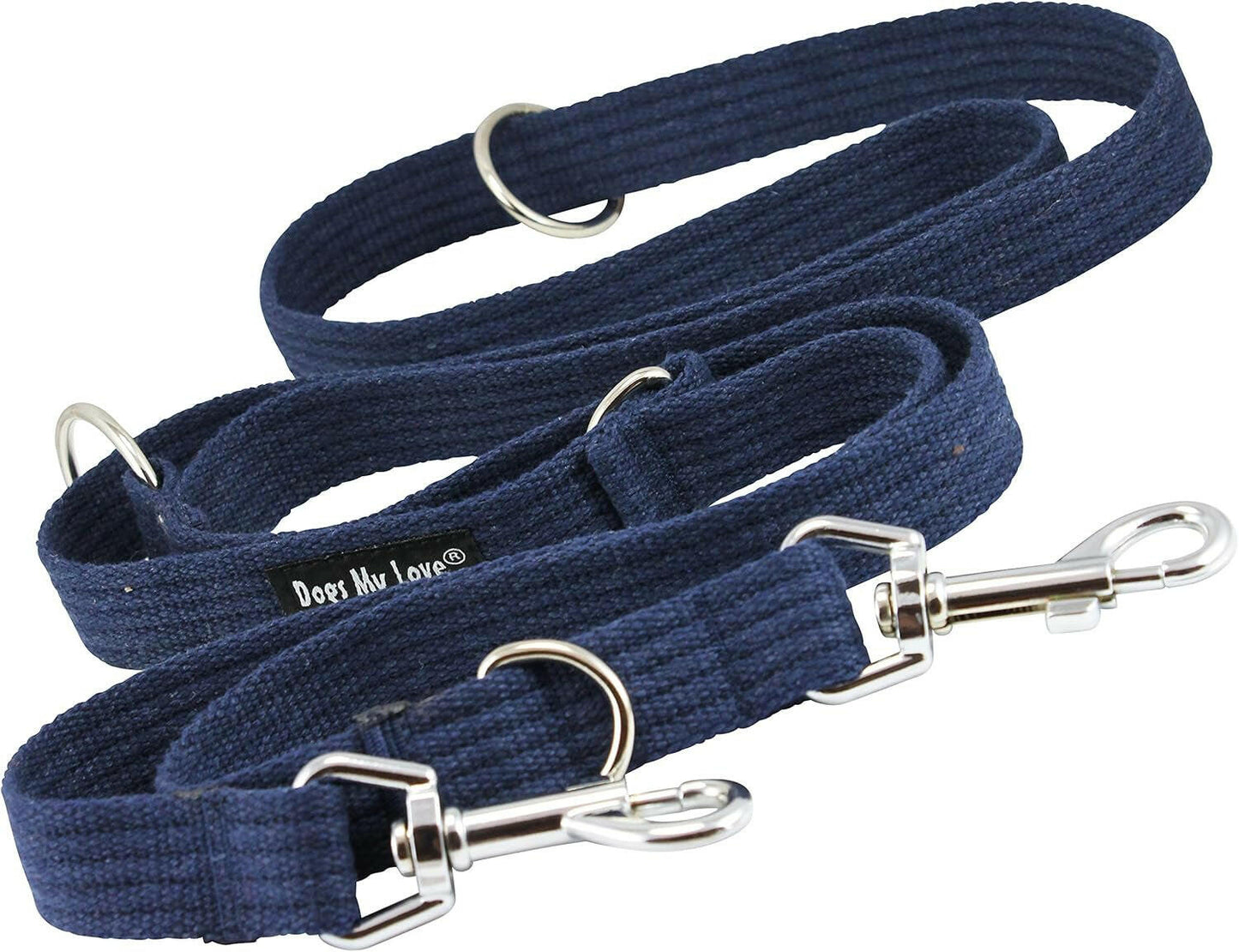 1" Wide Cotton Web 6-Way European Multi-Functional Dog Leash, Adjustable Lead 45"-78" Long, Large (Blue)