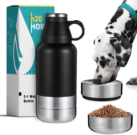 NALALAS 3-In-1 Insulated Dog Water Bottle with Food Bowl- Large 32Oz