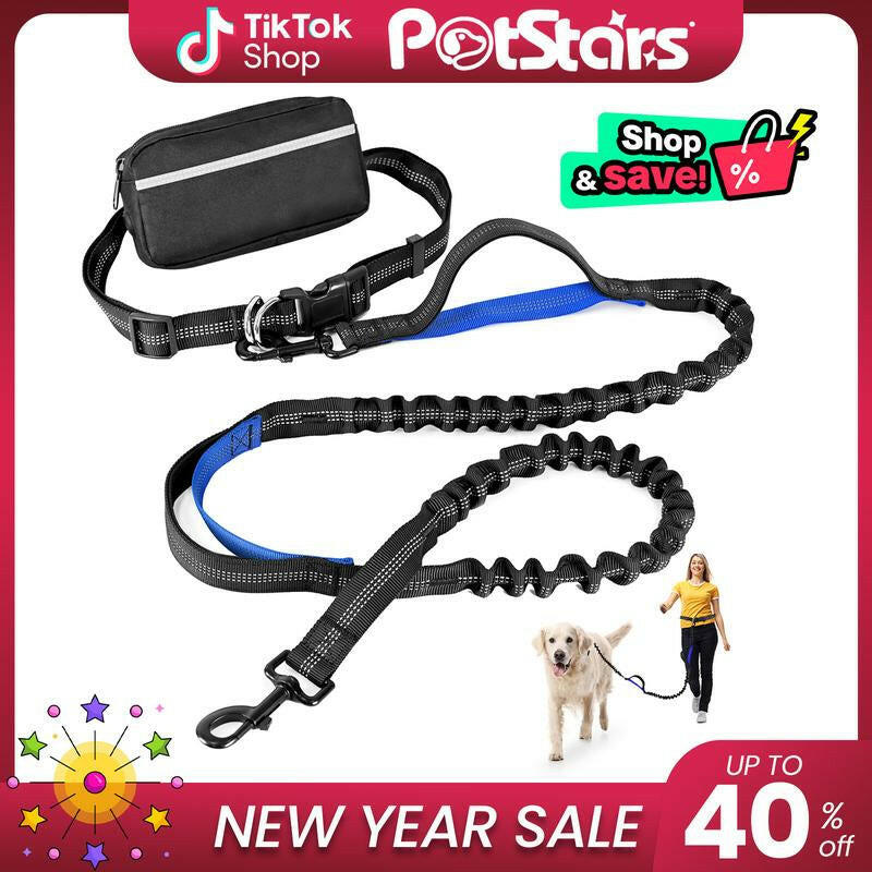 Petstars Hands Free Dog Leash with Zipper Pouch, Dual Padded Handles and Duarable Bungee Adjustable Waist Belt (27" - 49") up to 120 Lbs, Suit for Medium to Large Dogs Walking, Jogging and Running